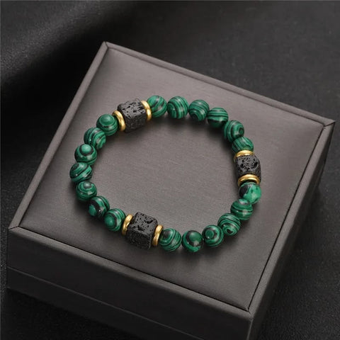 Malachite bead bracelet in its charcoal jewel box